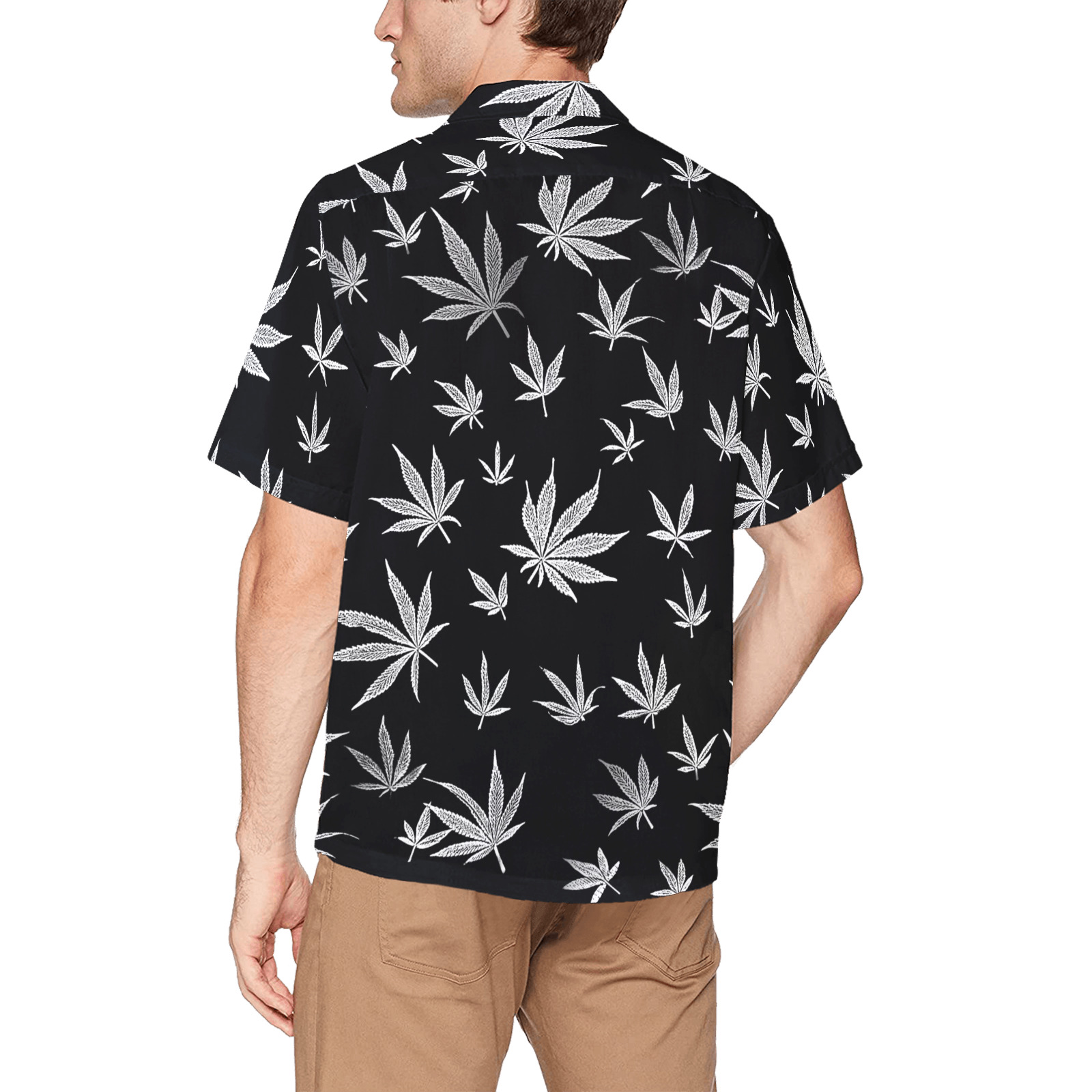 pot leaves black and white Hawaiian Shirt with Chest Pocket&Merged Design (T58)