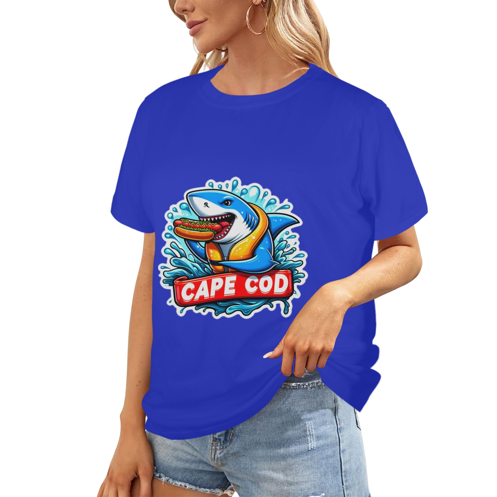 CAPE COD-GREAT WHITE EATING HOT DOG 3 Women's Glow in the Dark T-shirt (Two Sides Printing)