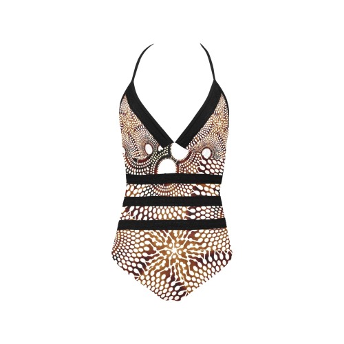 AFRICAN PRINT PATTERN 4 Lace Band Embossing Swimsuit (Model S15)