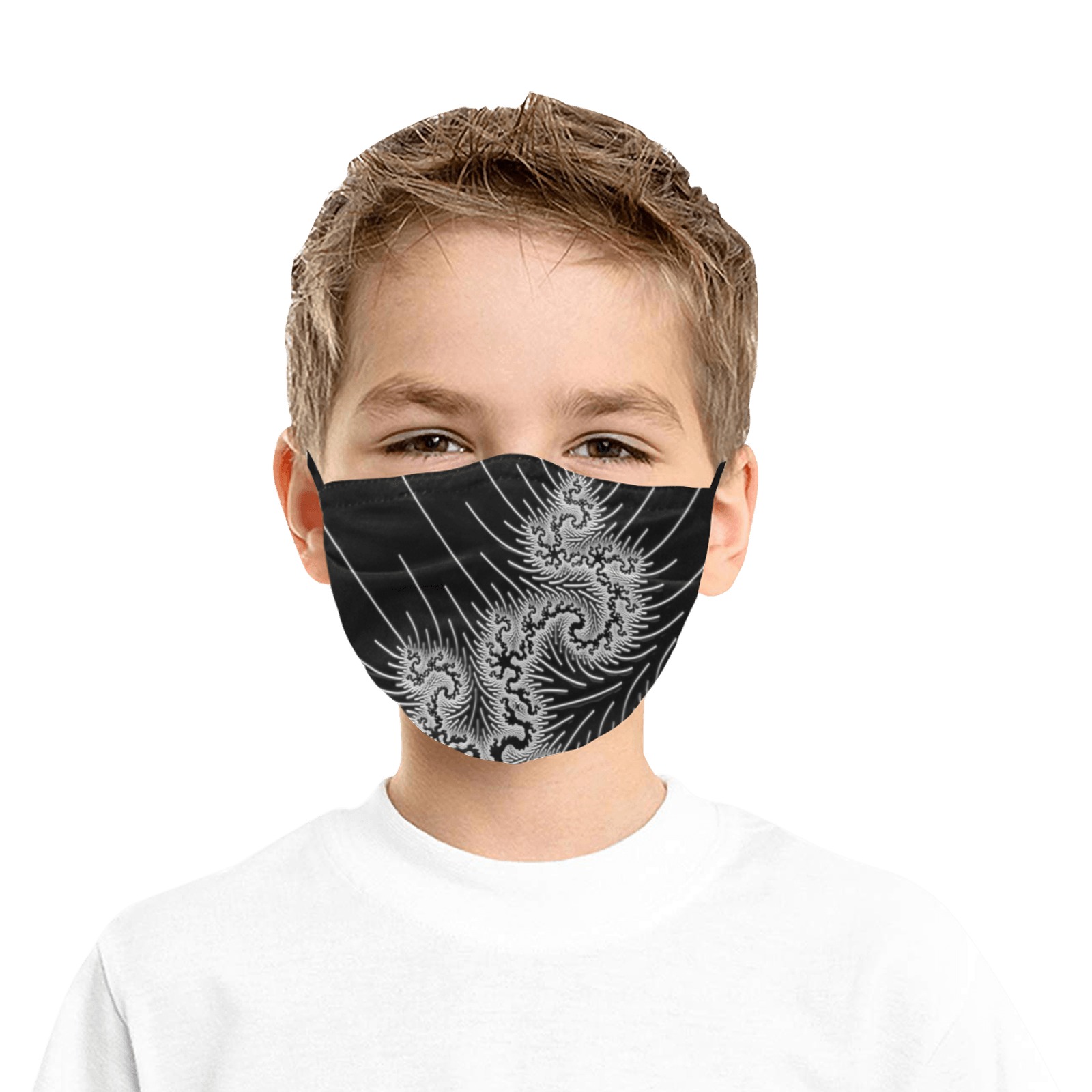 White and Silver Lace on Black Fractal Abstract Pleated Mouth Mask for Kids (Model M08)