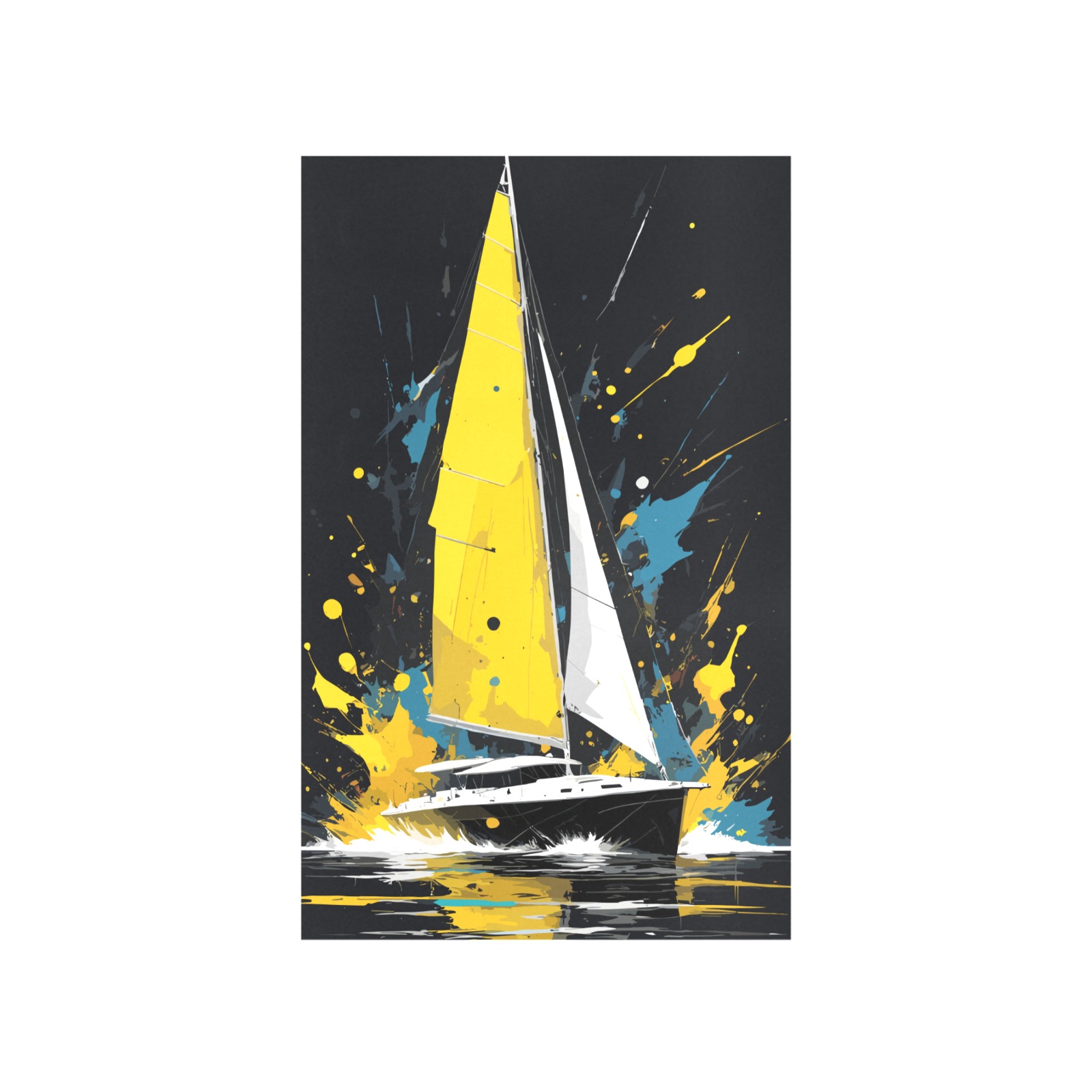 Fantasy sail boat. Yellow, turquoise, white, black Art Print 19‘’x28‘’