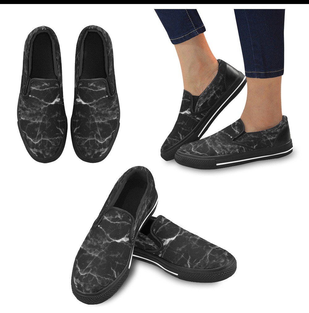 Black marble texture Women's Slip-on Canvas Shoes (Model 019)