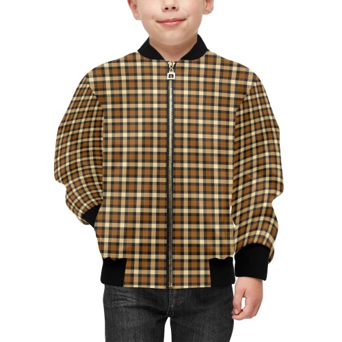 Autumn Brown Beige Plaid Kids' Bomber Jacket with Pockets (Model H40)