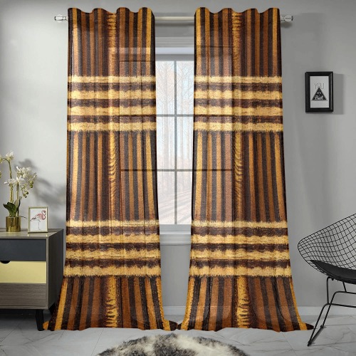 gold and brown striped pattern Gauze Curtain 28"x95" (Two-Piece)