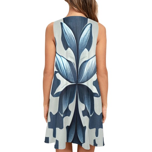 dark blue and white pattern Sleeveless A-Line Pocket Dress (Model D57)