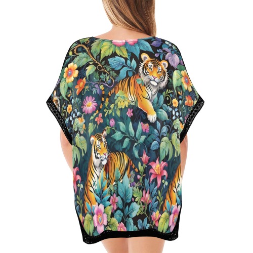 Jungle Tigers and Tropical Flowers Pattern Women's Beach Cover Ups