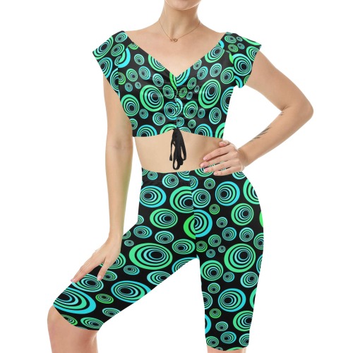 Retro Psychedelic Pretty Green Pattern Women's Crop Top Yoga Set