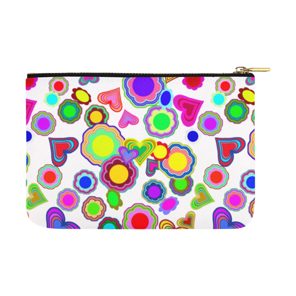 Groovy Hearts and Flowers White Carry-All Pouch 12.5''x8.5''