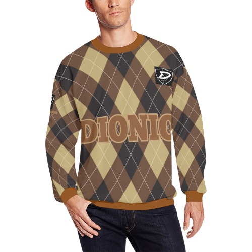 DIONIO Clothing - Argyle Brown & Badge Diamond Sweatshirt (Black D-Shield Logo) Men's Oversized Fleece Crew Sweatshirt (Model H18)