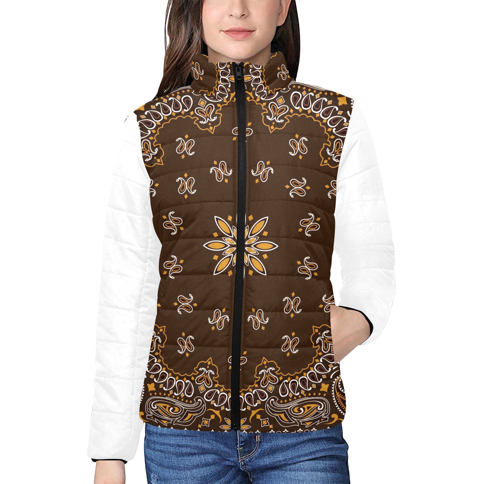 Brown Bandanna Pattern / White Women's Stand Collar Padded Jacket (Model H41)