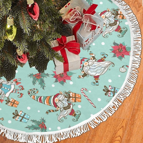 Christmas Gnomes Thick Fringe Christmas Tree Skirt 30"x30"