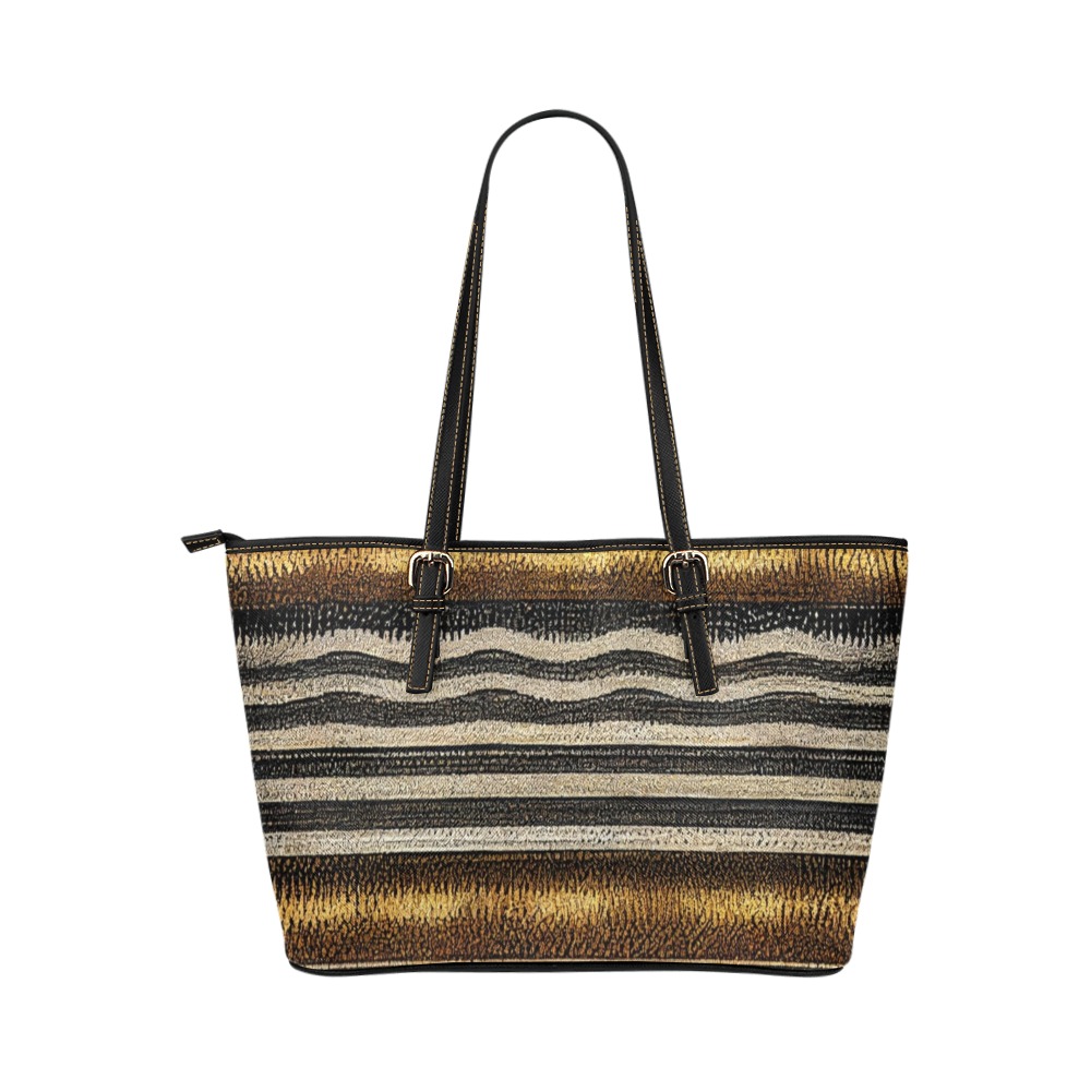 gold, silver and black striped pattern Leather Tote Bag/Large (Model 1651)