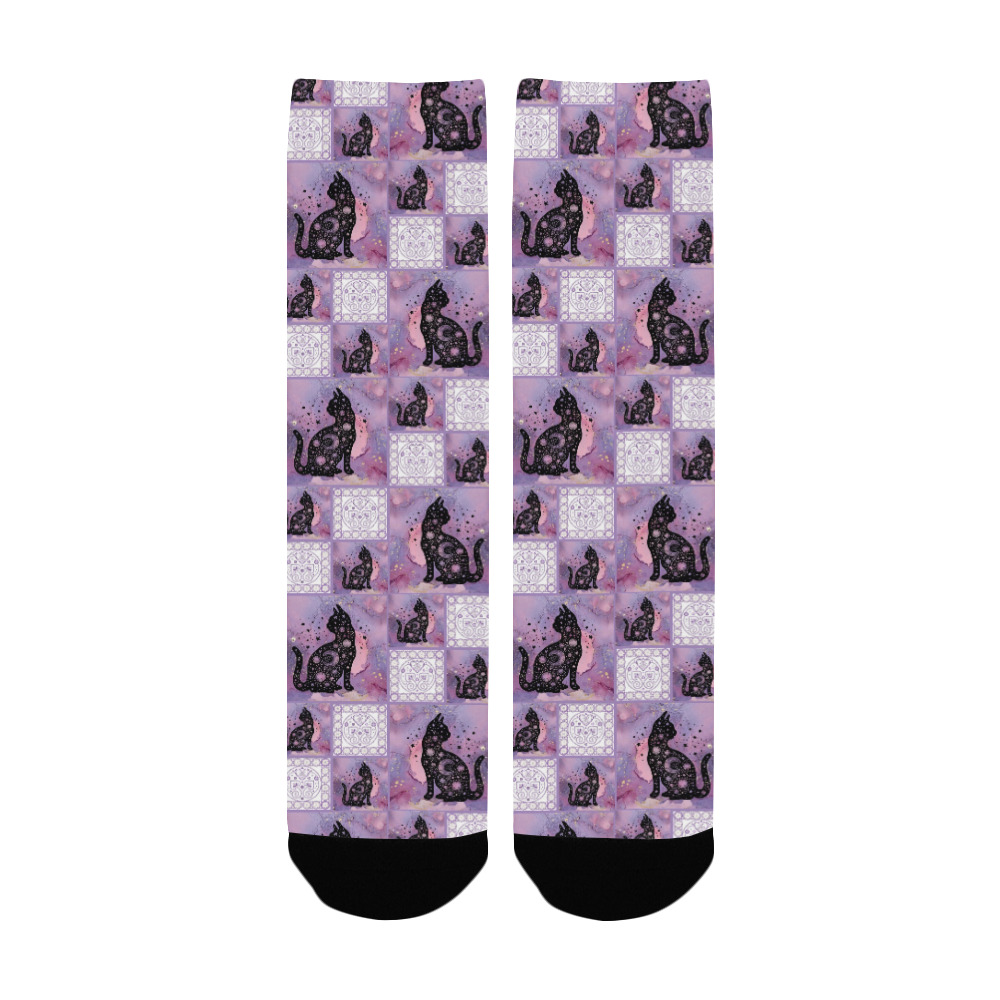 Purple Cosmic Cats Patchwork Pattern Custom Socks for Women