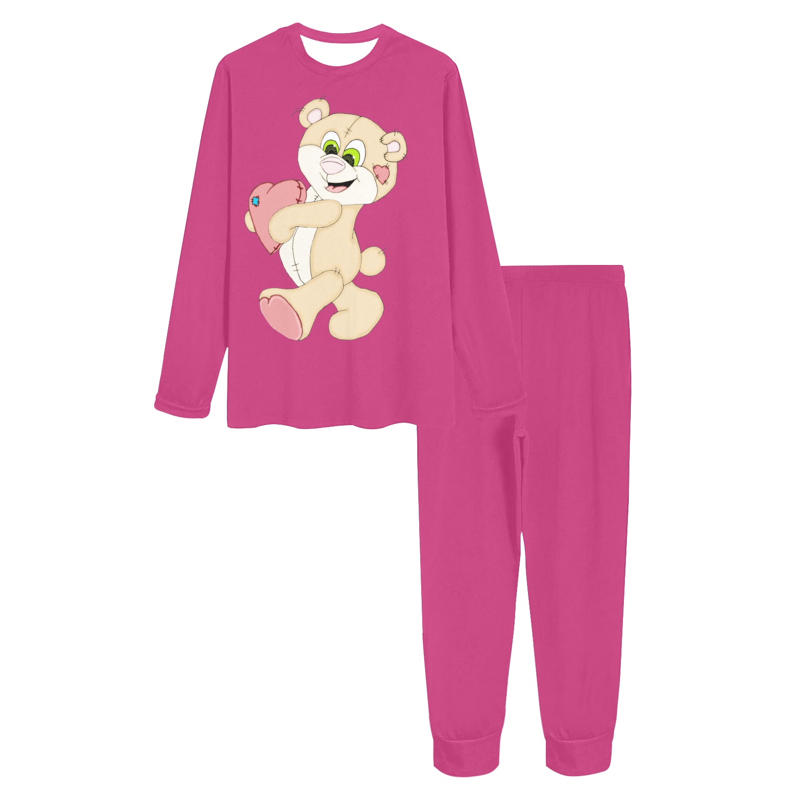 Patchwork Heart Teddy Hot Pink Women's All Over Print Pajama Set