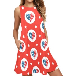 USA Patriotic Hearts Sleeveless A-Line Pocket Dress (Model D57)