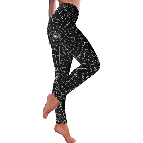 Halloween Spiderwebs - White on Black Women's Low Rise Leggings (Invisible Stitch) (Model L05)