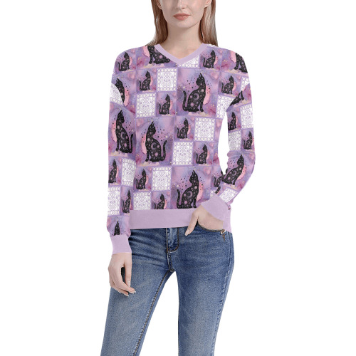 Purple Cosmic Cats Patchwork Pattern Women's All Over Print V-Neck Sweater (Model H48)