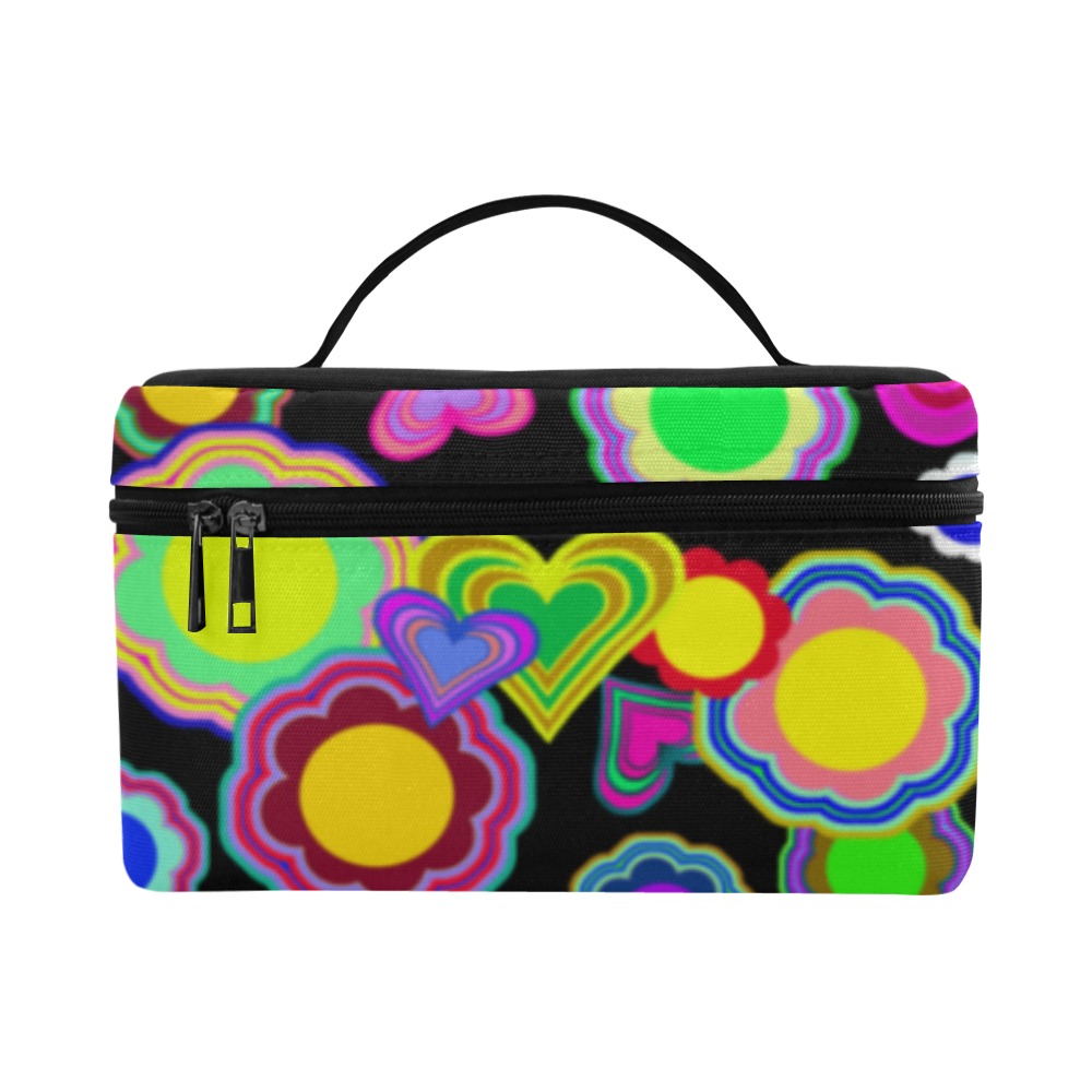 Groovy Hearts and Flowers Black Cosmetic Bag/Large (Model 1658)