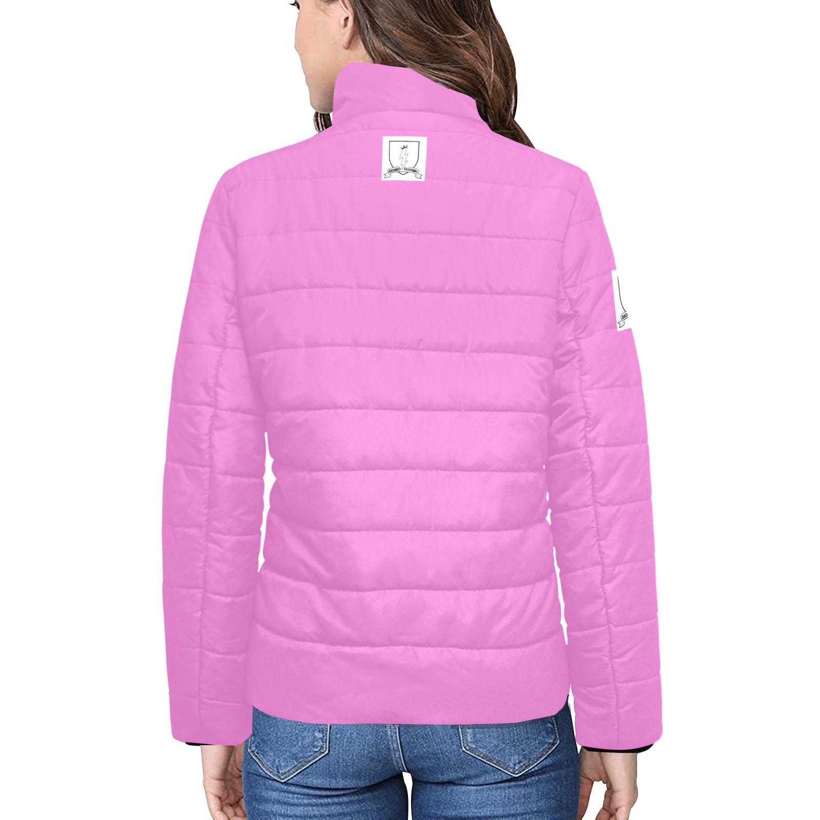 DIONIO Clothing - Women's Puffy Padded Jacket (Pink w/ White Shield Logo) Women's Stand Collar Padded Jacket (Model H41)