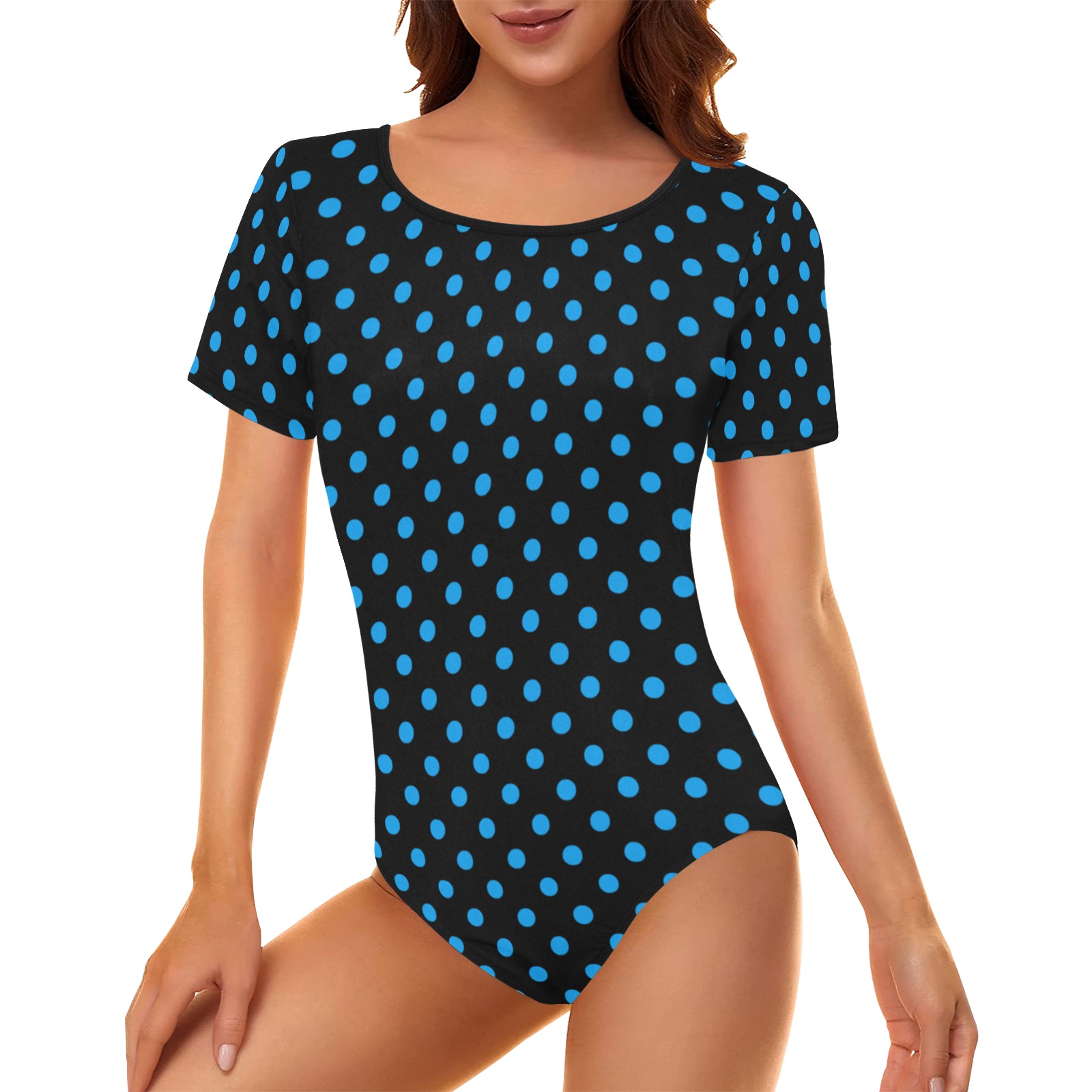 Blue Polka Dots on Black Women's Short Sleeve Bodysuit