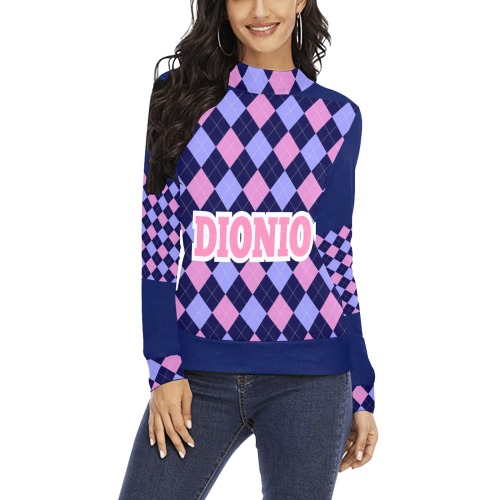 DIONIO Clothing - Women's Argyle Sweatshirt ( Navy Blue ,Pink Light Blue) Women's All Over Print Mock Neck Sweatshirt (Model H43)