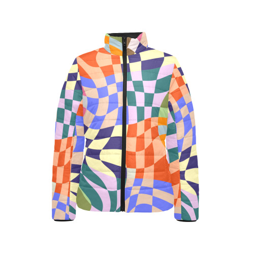 Wavy Groovy Geometric Checkered Retro Abstract Mosaic Pixels Women's Stand Collar Padded Jacket (Model H41)
