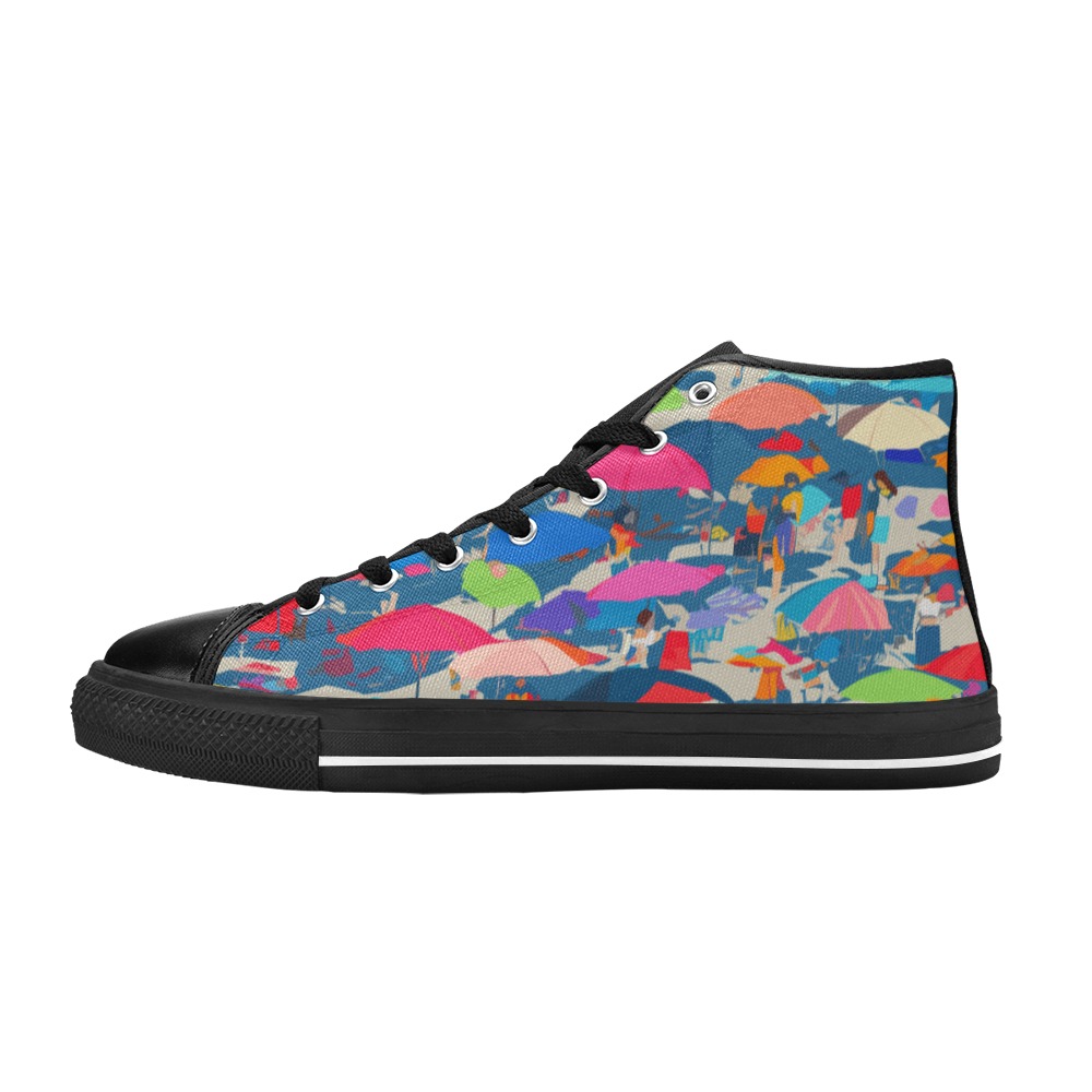 Abstract art of a summer beach, people, umbrellas. Women's Classic High Top Canvas Shoes (Model 017)