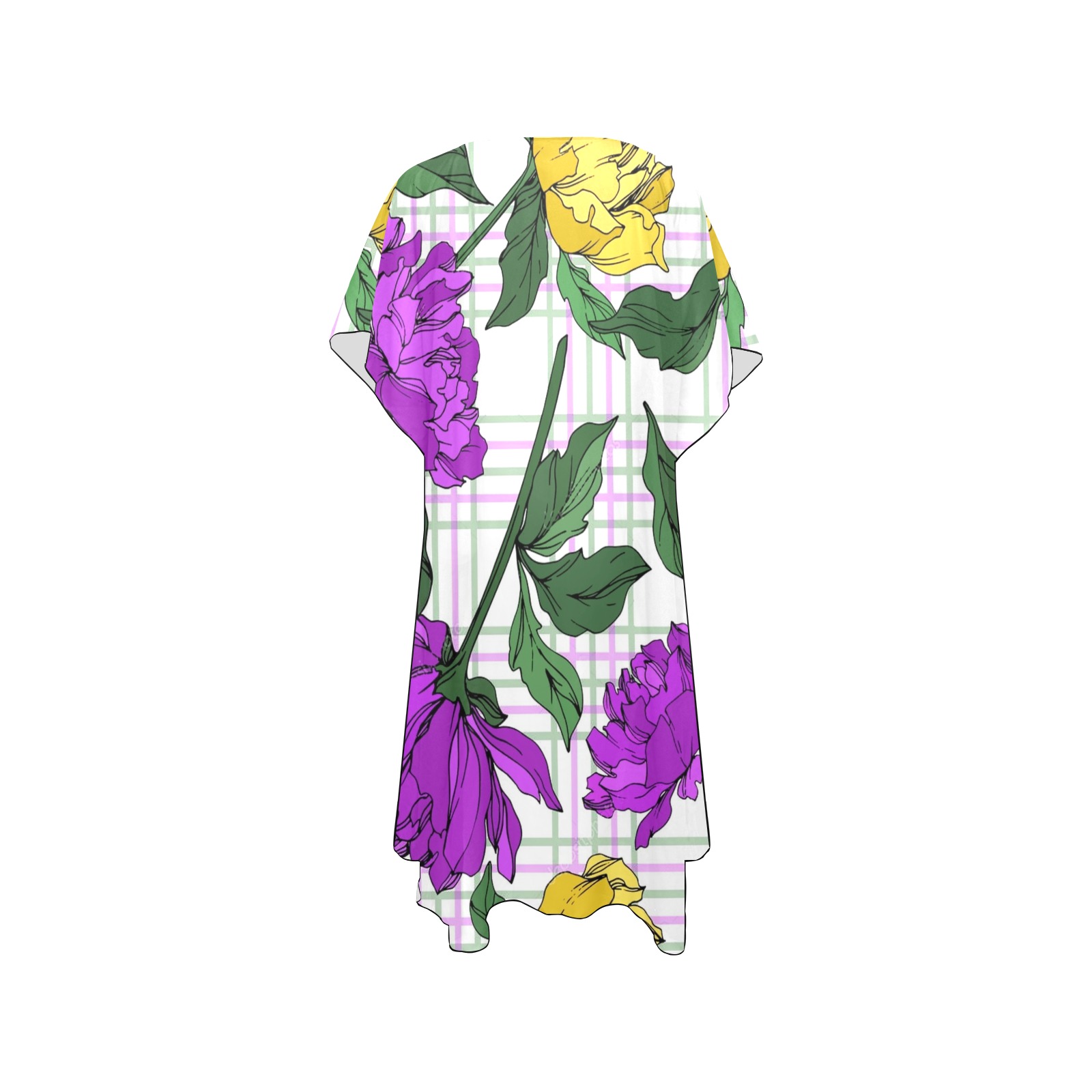 Multicolored-Peony Flowers & Leaves Mid-Length Side Slits Chiffon Cover Ups (Model H50)