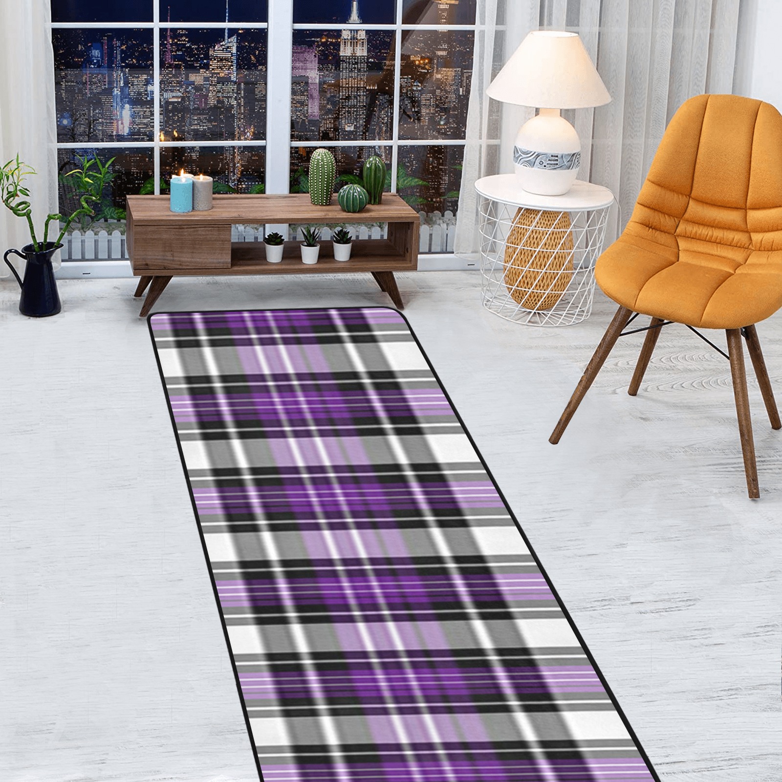 Purple Black Plaid Area Rug with Black Binding 9'6''x3'3''