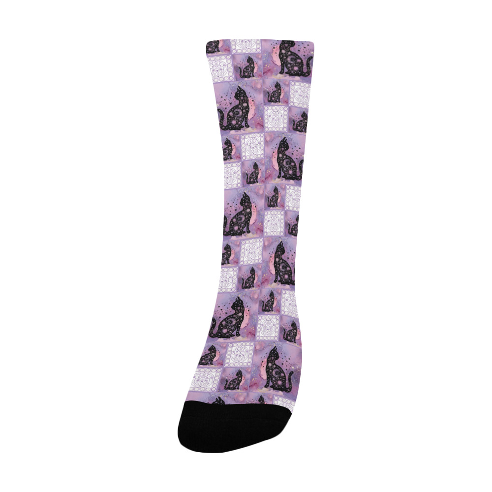 Purple Cosmic Cats Patchwork Pattern Custom Socks for Women