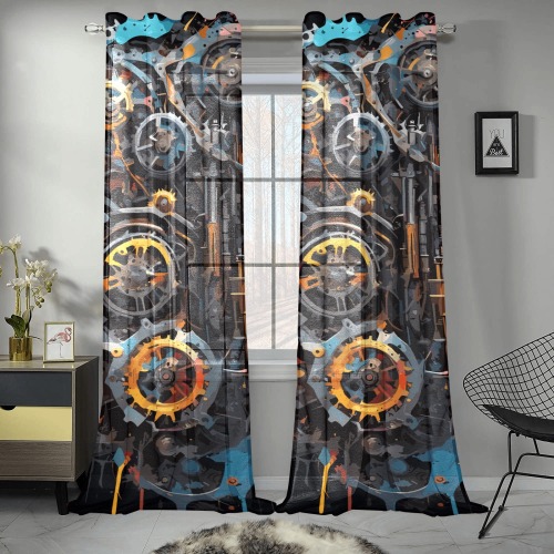 Fantasy colorful auto engine with gears on black Gauze Curtain 28"x95" (Two-Piece)