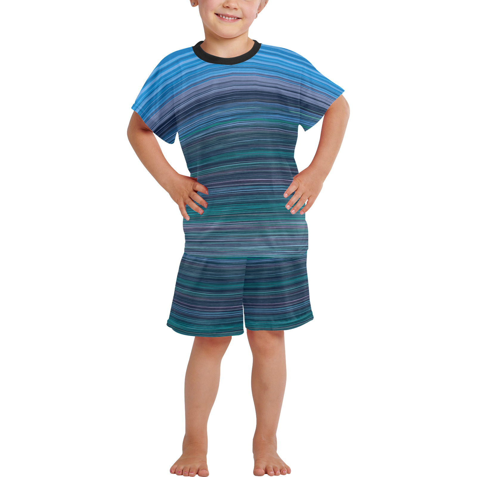 Abstract Blue Horizontal Stripes Little Girls' Short Pajama Set