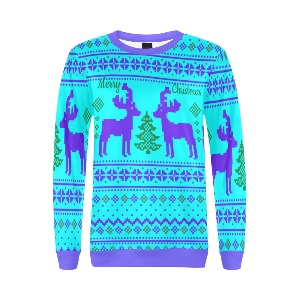 Merry Christmas Blue Reindeer Ugly Sweater All Over Print Crewneck Sweatshirt for Women (Model H18)