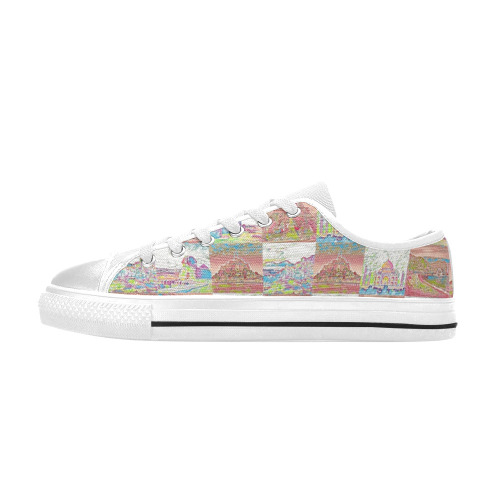 Big Pink and White World travel Collage Pattern Low Top Shoes Women's Classic Canvas Shoes (Model 018)