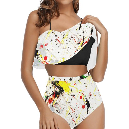 Yellow & Black Paint Splatter - Black High Waisted Ruffle Bikini Set (Model S13)