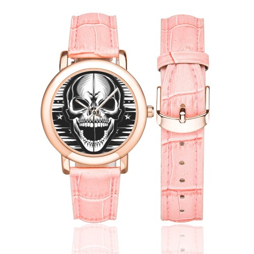 Skull Pink Band Wrist Watch Women's Rose Gold Leather Strap Watch(Model 201)