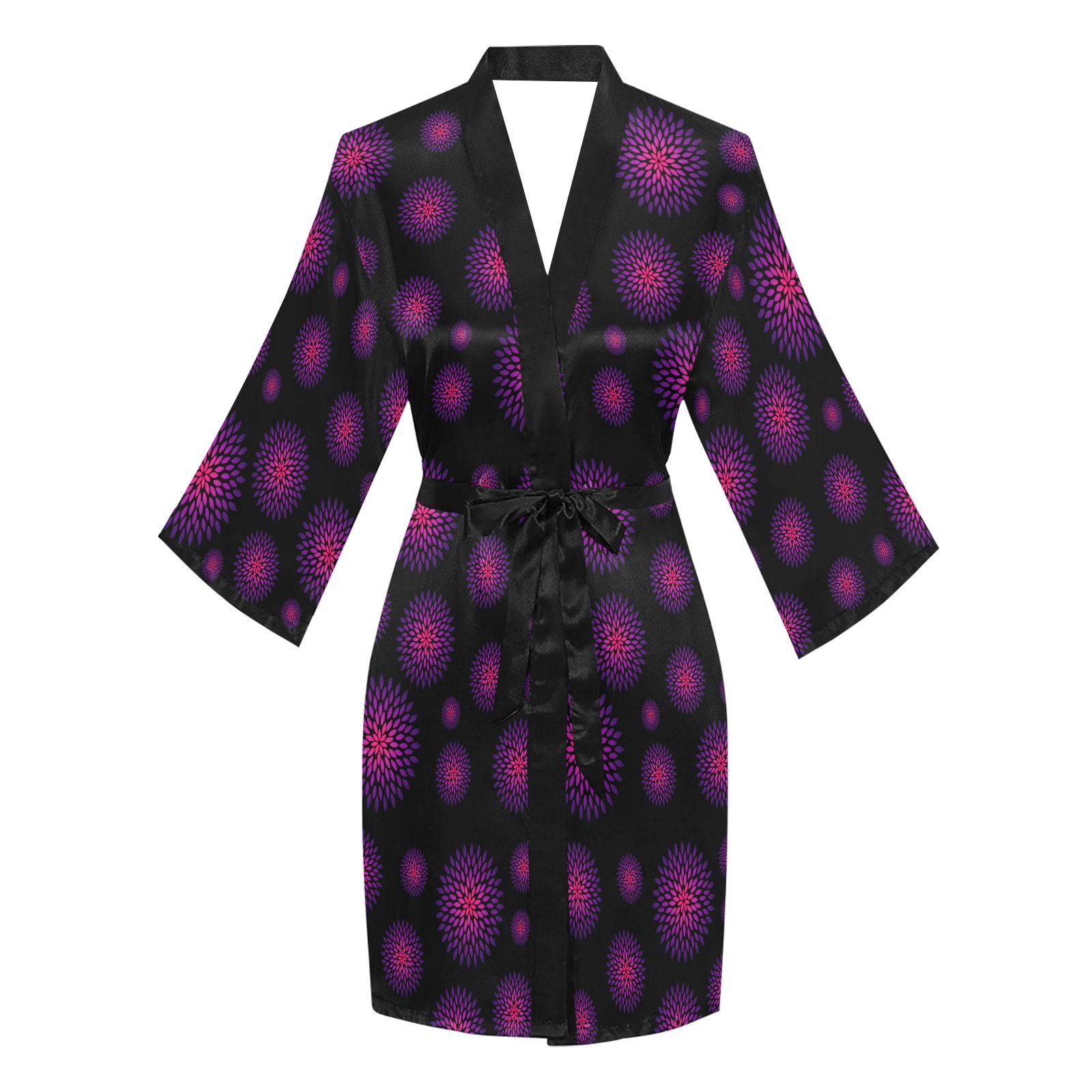 Ô Pink and Violet Zinnia Scatter on Black Long Sleeve Kimono Robe