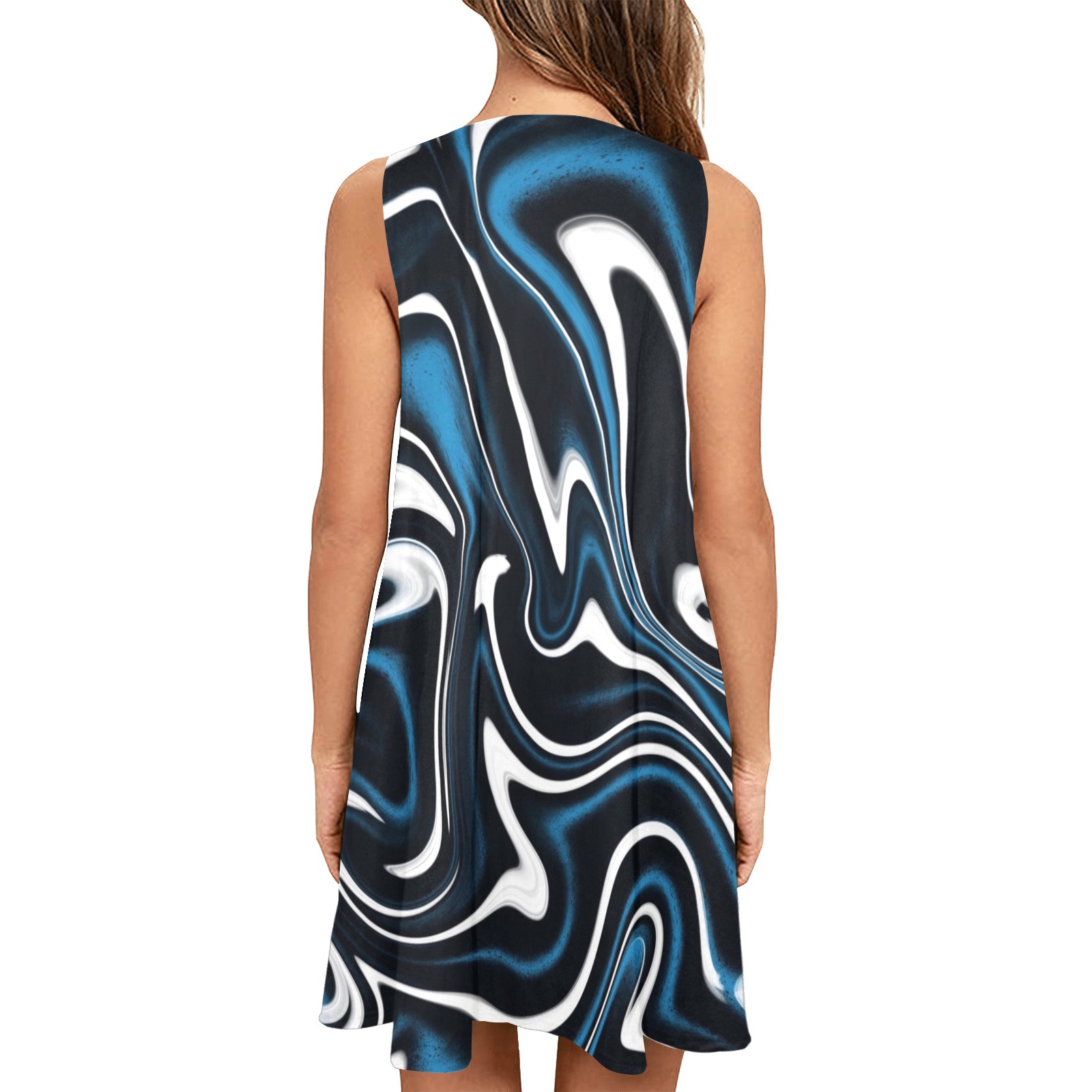 Blue, Black and White Estonia Swirls Sleeveless A-Line Pocket Dress (Model D57)