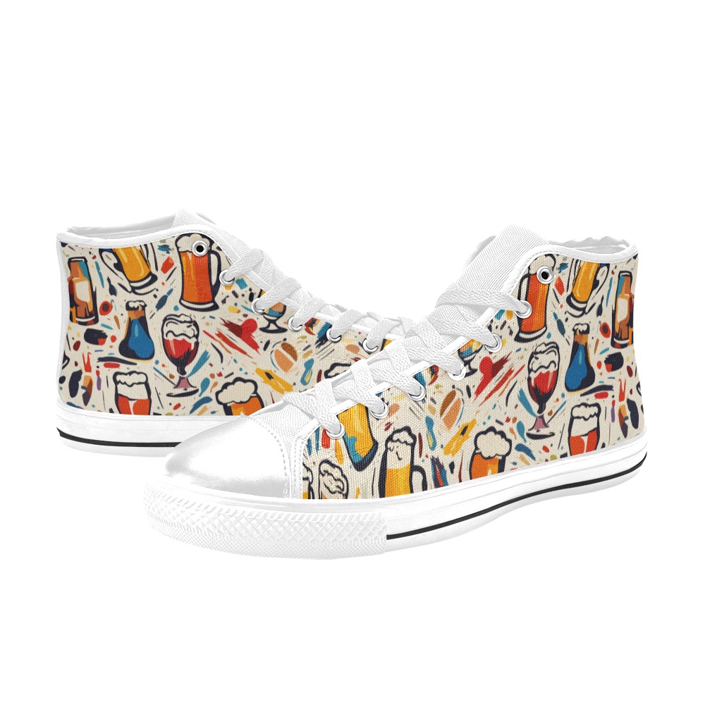 Artsy beer bottles and mugs pattern on beige art Men’s Classic High Top Canvas Shoes (Model 017)