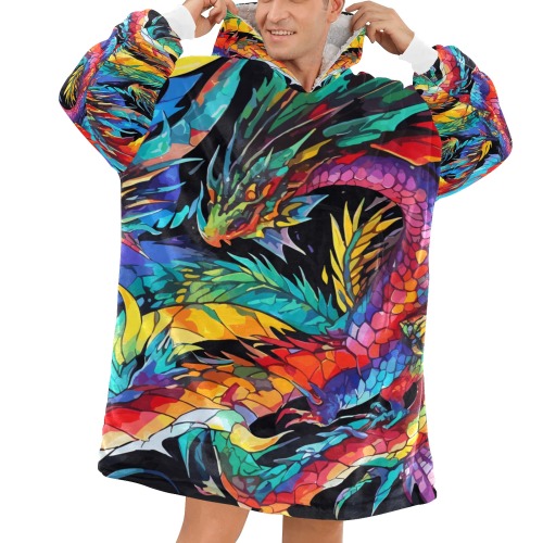 Cool colorful abstract dragons. Black background. Blanket Hoodie for Men