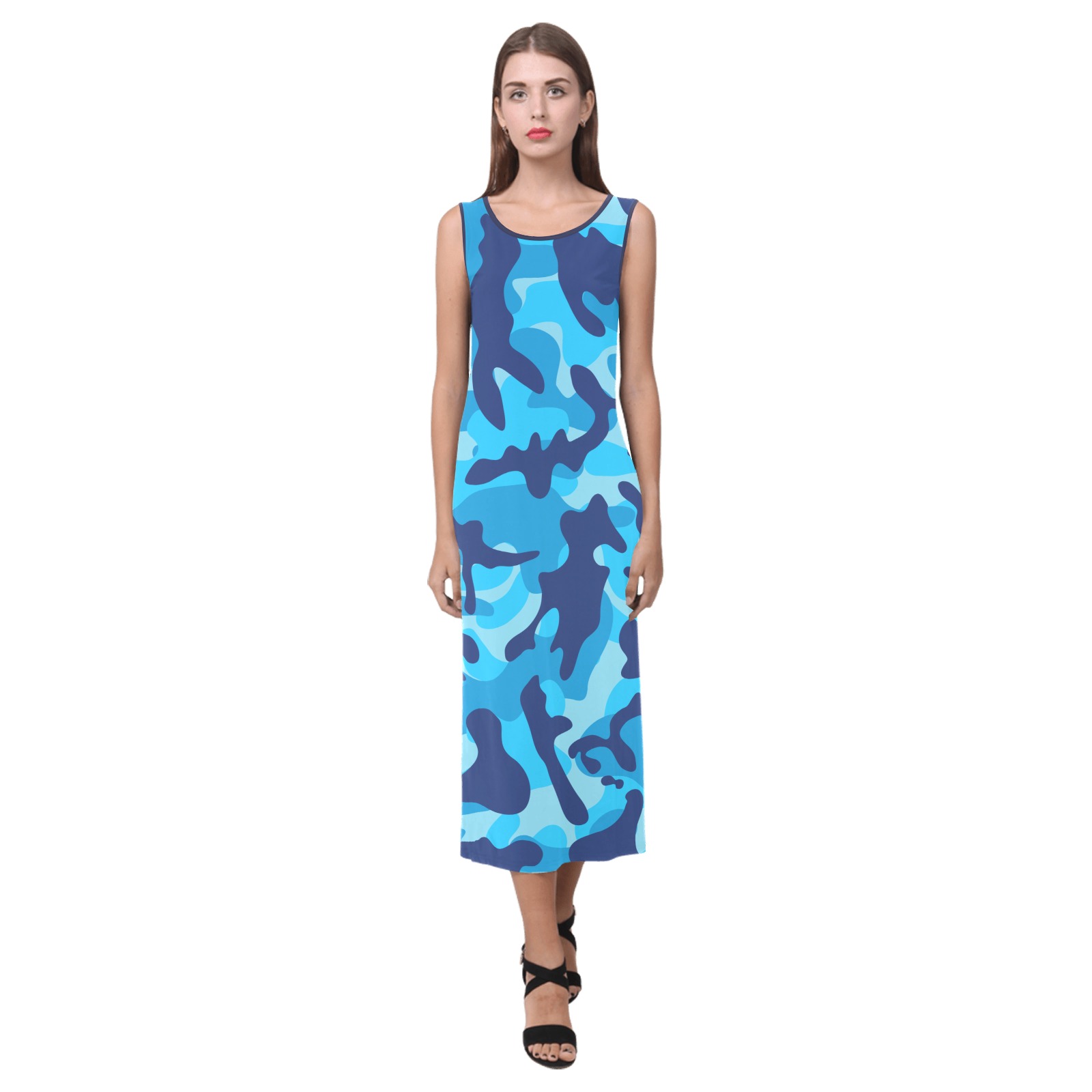 Blue Rainbow Camo Pattern Phaedra Sleeveless Open Fork Long Dress (Model D08)