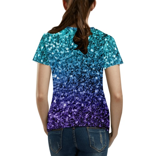 Aqua Blue Ombre glitters faux sparkles glamorous bling fashion for her All Over Print T-Shirt for Women (USA Size) (Model T40)