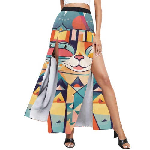 Funny magical cat abstract art. Festive colors. High Slit Long Beach Dress (Model S40)