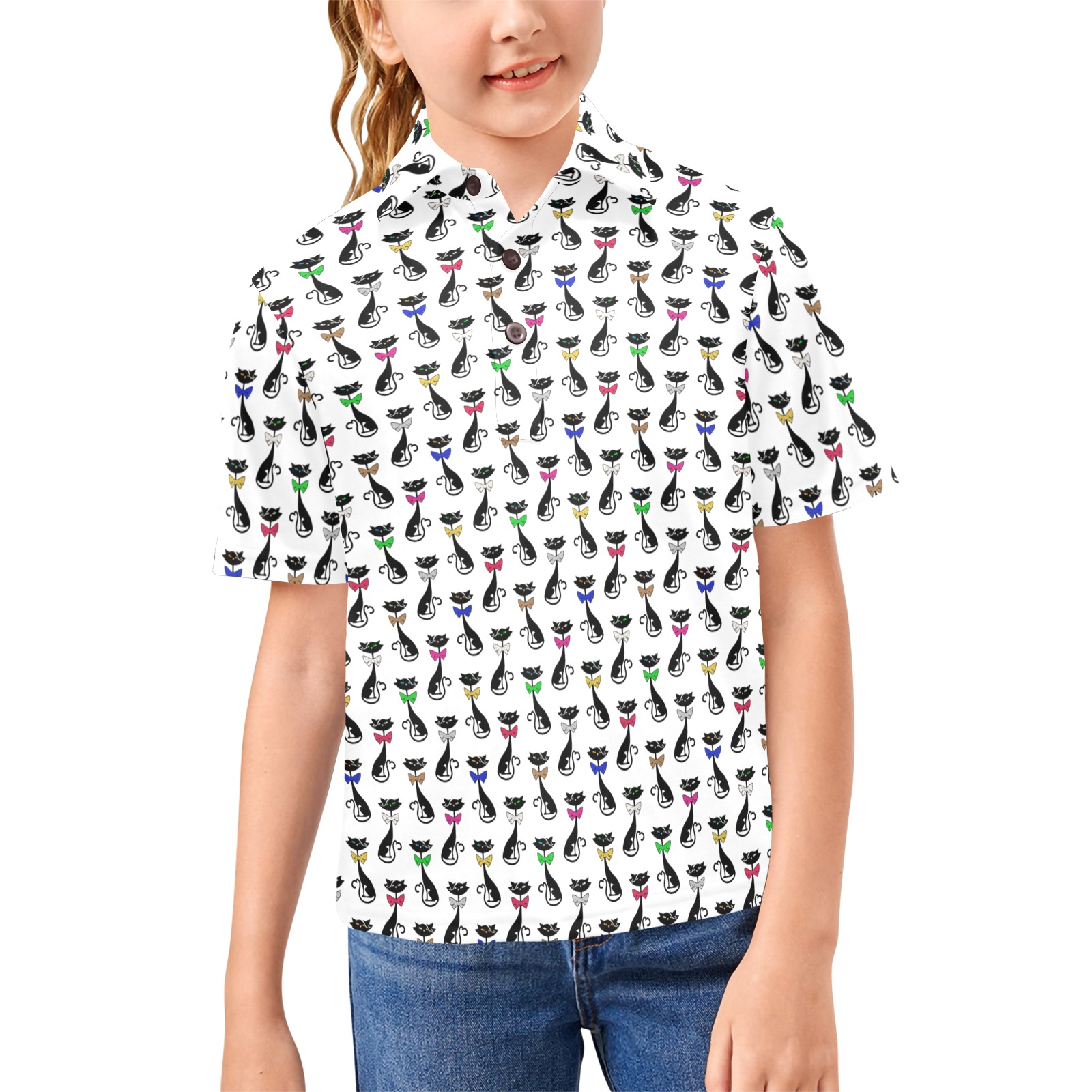 Black Cats Wearing Bow Ties Big Girls' All Over Print Polo Shirt (Model T55)