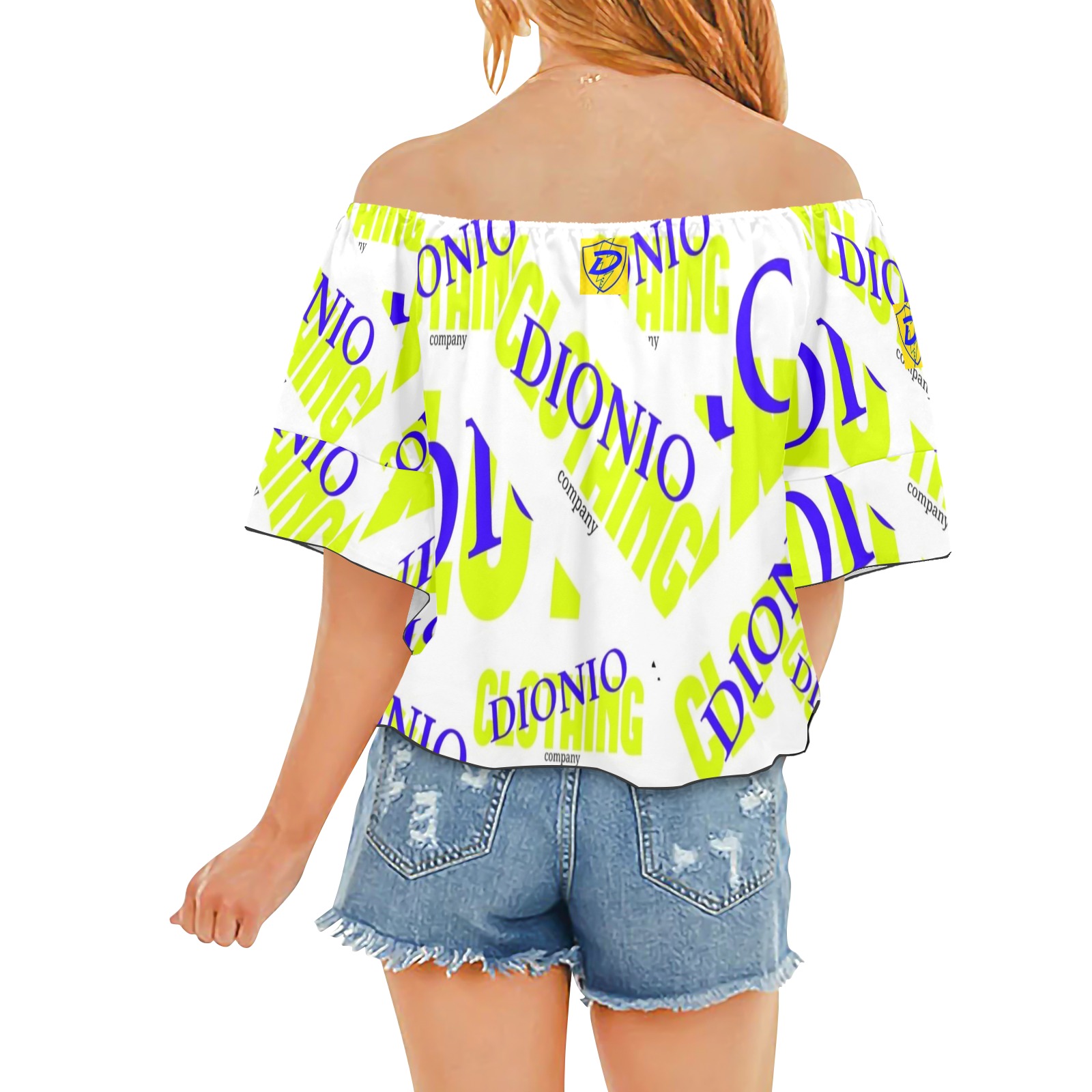 DIONIO Clothing - Company Off Shoulder Knot Front Blouse (White ,Blue & Yellow) Off Shoulder Knot Front Blouse (Model T71)