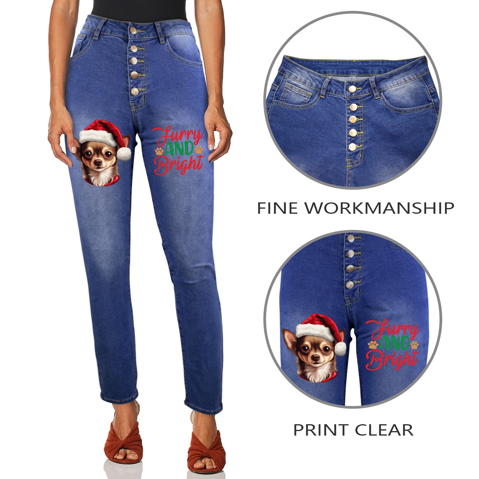 Fury And Bright Christmas Chihuahua Women's Jeans (Front Printing)