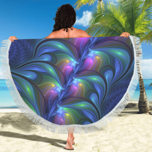 Colorful Luminous Abstract Blue Pink Green Fractal Circular Beach Shawl 59"x 59"