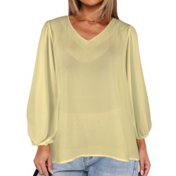 Popcorn Women's Loose V-Neck Long Puff Sleeve Top (Model H70)