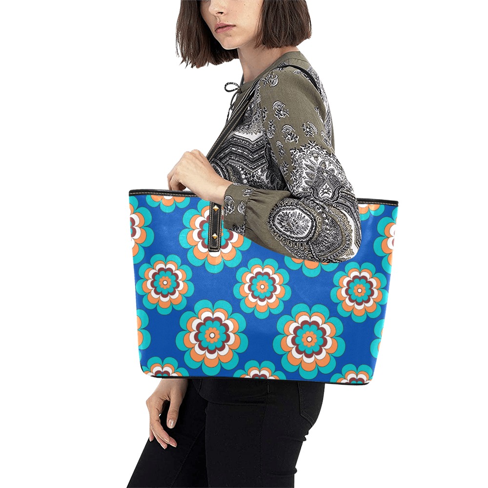 Turquoise Flowers on Blue Chic Leather Tote Bag (Model 1709)
