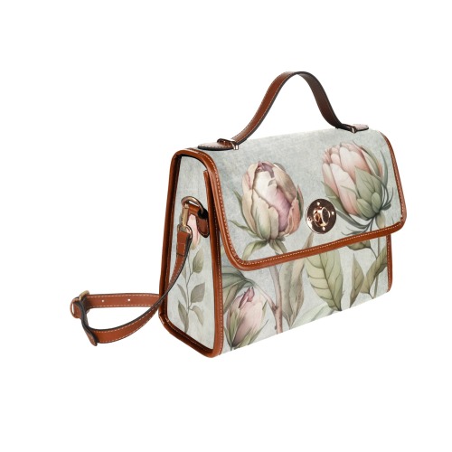 Pink Peonies Ladies Satchel Handbag Waterproof Canvas Bag-Brown (All Over Print) (Model 1641)